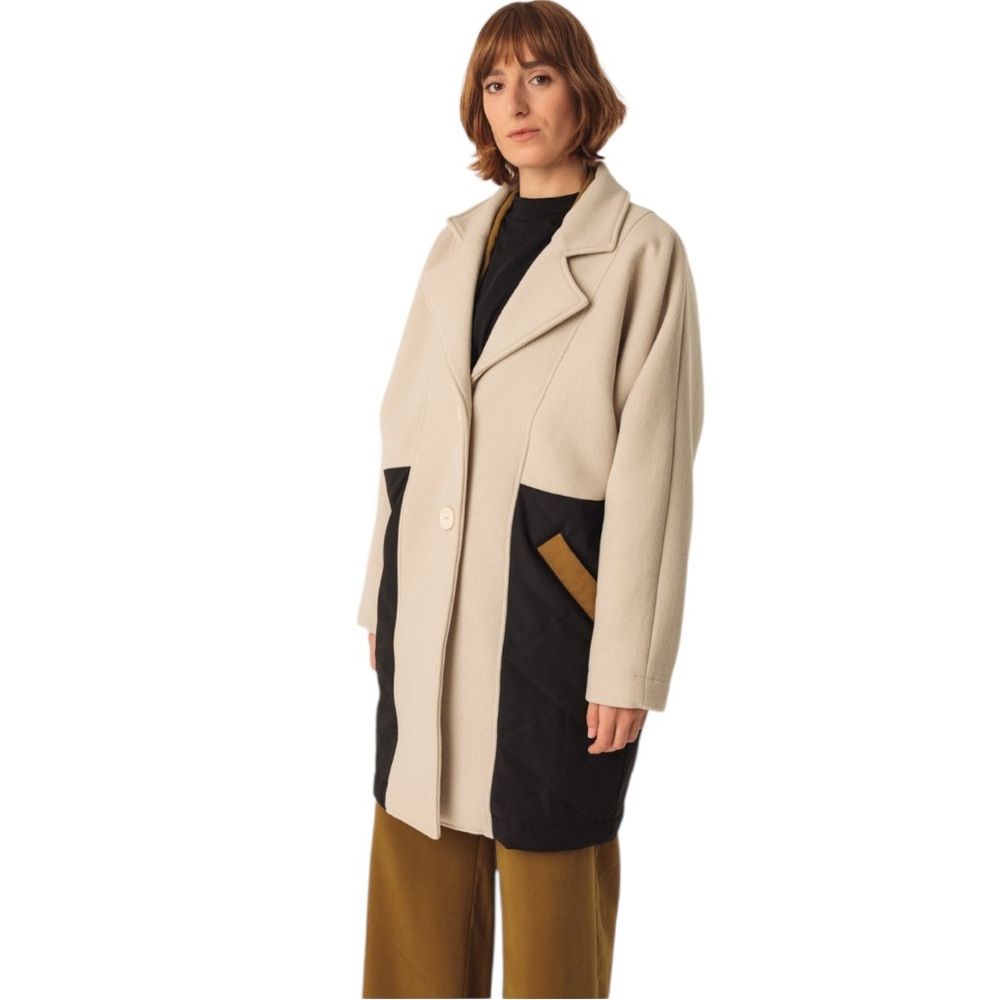SKFK Igara Wool Blend Quilted Colorblock Coat Cream Black Medium NWT $349